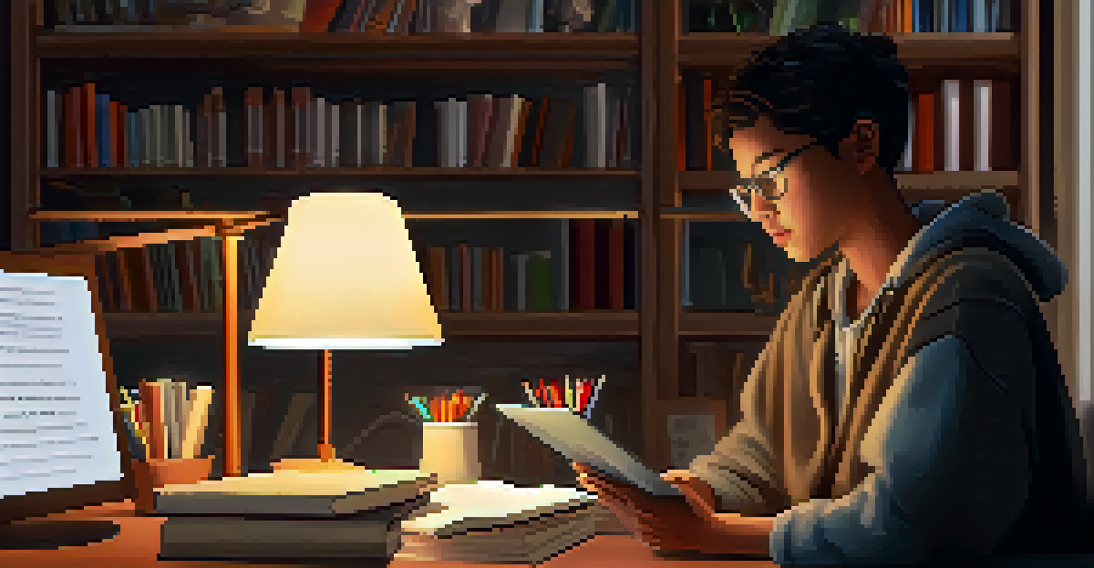 A person using a mobile app on a tablet at a desk filled with educational materials, in a warm and cozy study space.