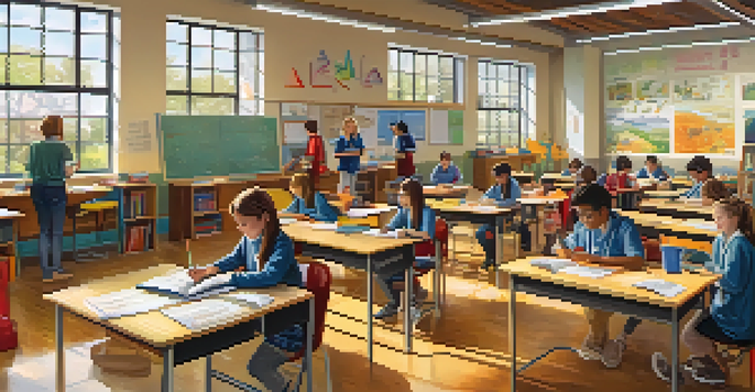 A classroom in Finland with students engaged in various activities such as painting, reading, and collaborating on projects, surrounded by colorful decorations and natural light.