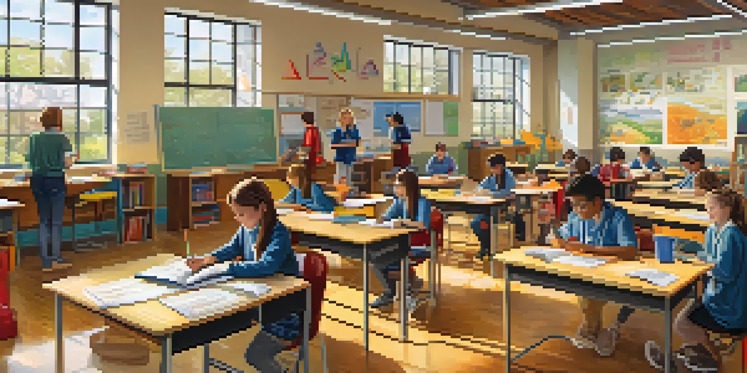 A classroom in Finland with students engaged in various activities such as painting, reading, and collaborating on projects, surrounded by colorful decorations and natural light.