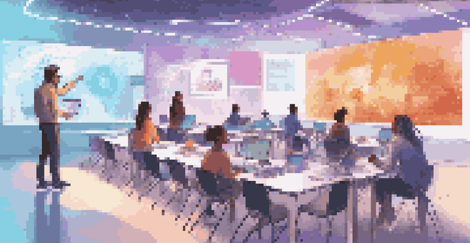 A modern digital classroom with students interacting with holographic technology and screens displaying educational credentials.
