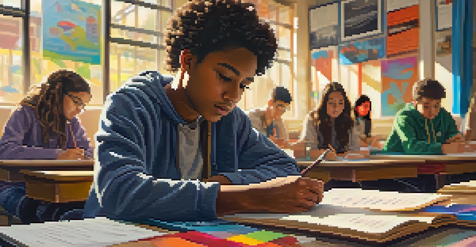 A focused student writing in a journal, reflecting on their learning in a colorful and engaging classroom.
