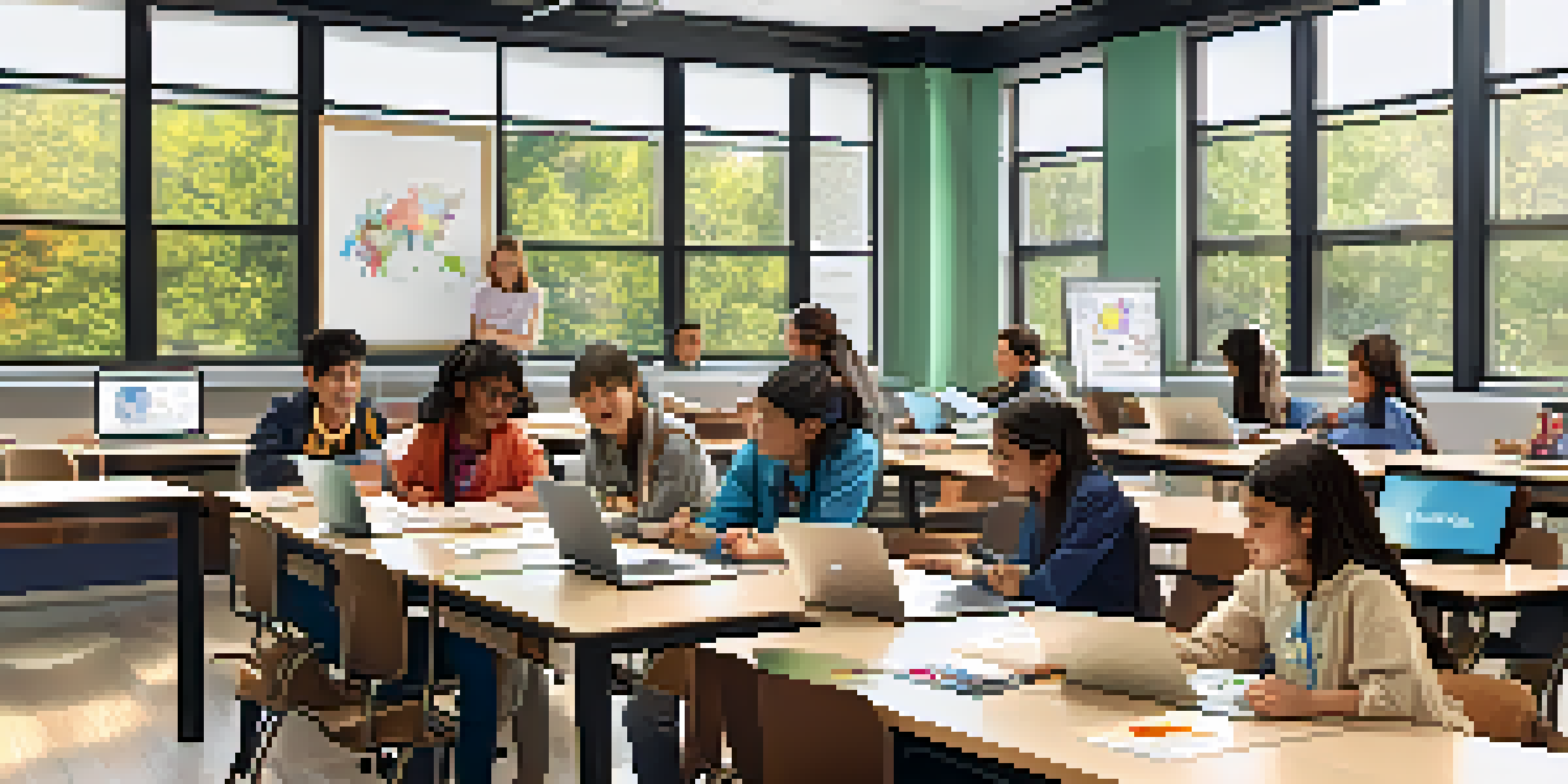 A modern classroom where students are collaborating in groups, using laptops and tablets, with bright natural lighting and educational posters.
