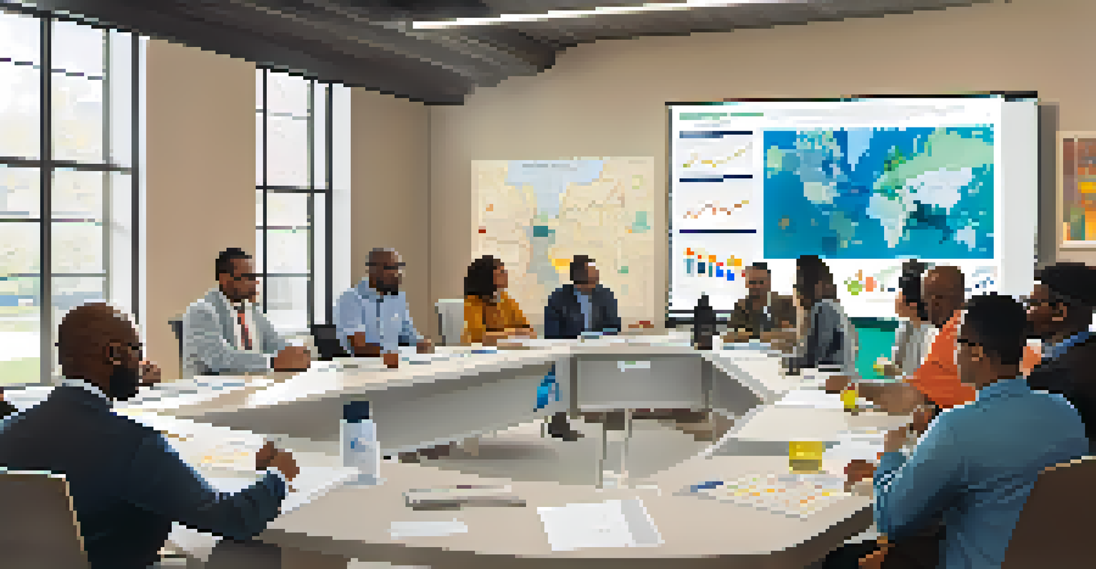 A meeting between community leaders and educators in a modern conference room, discussing educational equity strategies with charts on a screen.