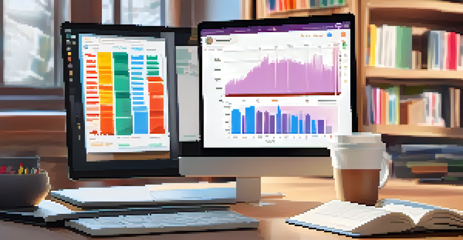 An educator in a cozy office analyzing student engagement data on a laptop, with colorful graphs displayed on the screen.