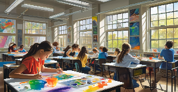 A colorful classroom filled with students working on a science-art project, surrounded by art supplies and science equipment, with natural light coming through the windows.