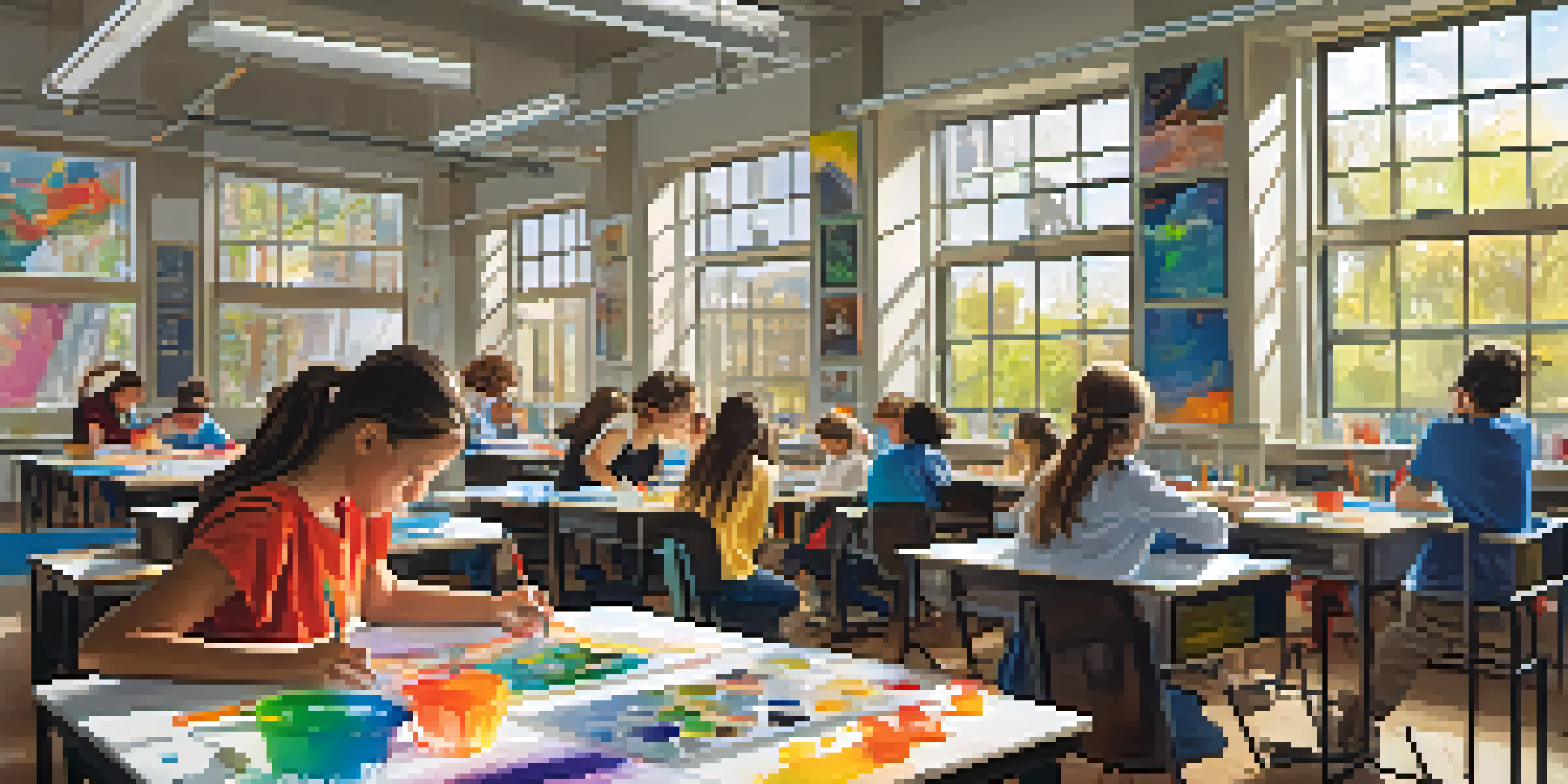 A colorful classroom filled with students working on a science-art project, surrounded by art supplies and science equipment, with natural light coming through the windows.