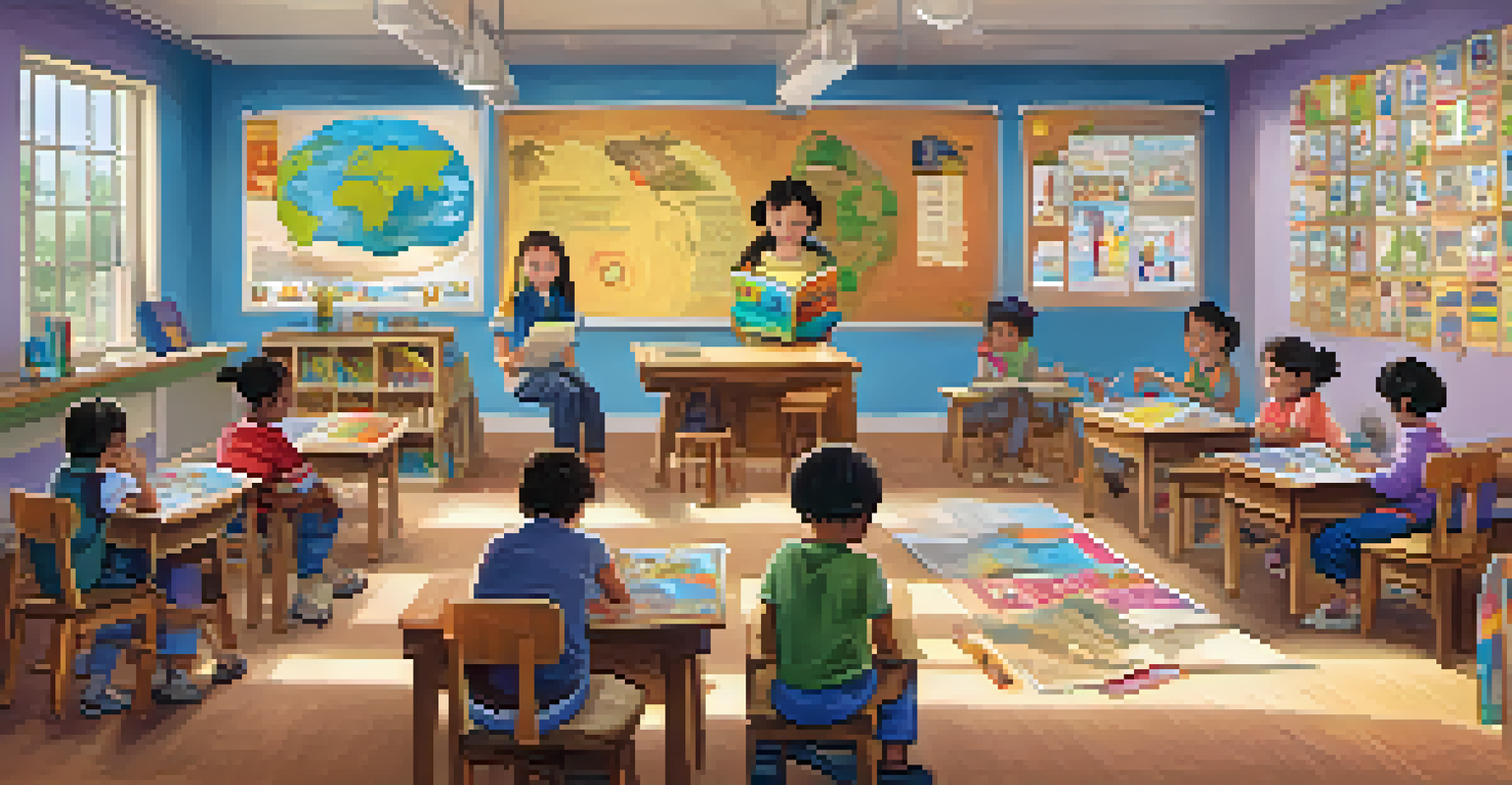 Children in a vibrant classroom, some reading, others creating stories with art supplies, surrounded by colorful educational posters.