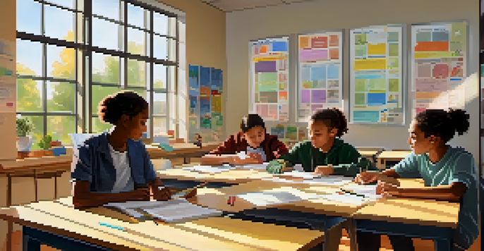 A diverse group of students working together in a bright classroom, sharing ideas and materials with a teacher present.