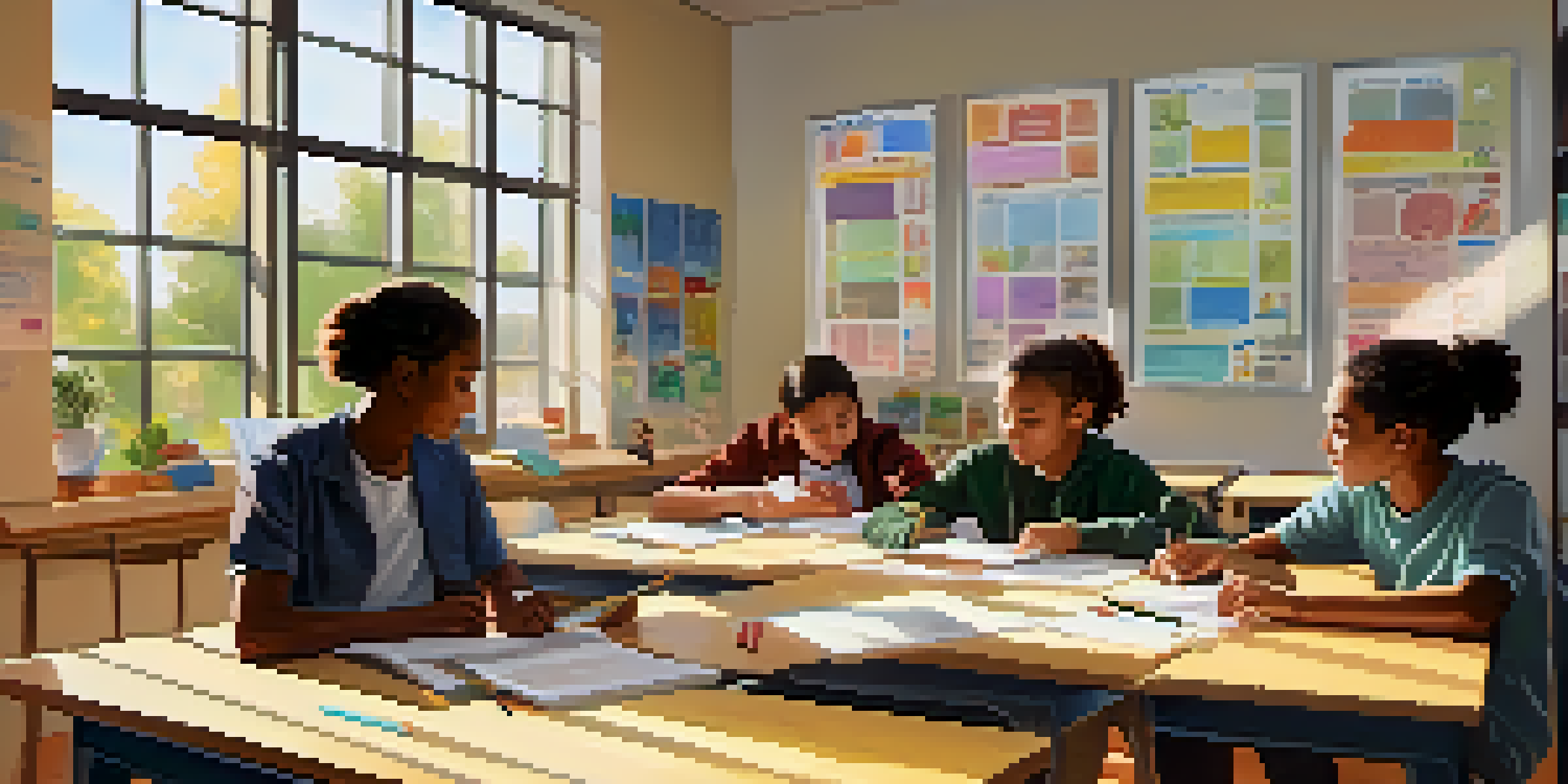 A diverse group of students working together in a bright classroom, sharing ideas and materials with a teacher present.