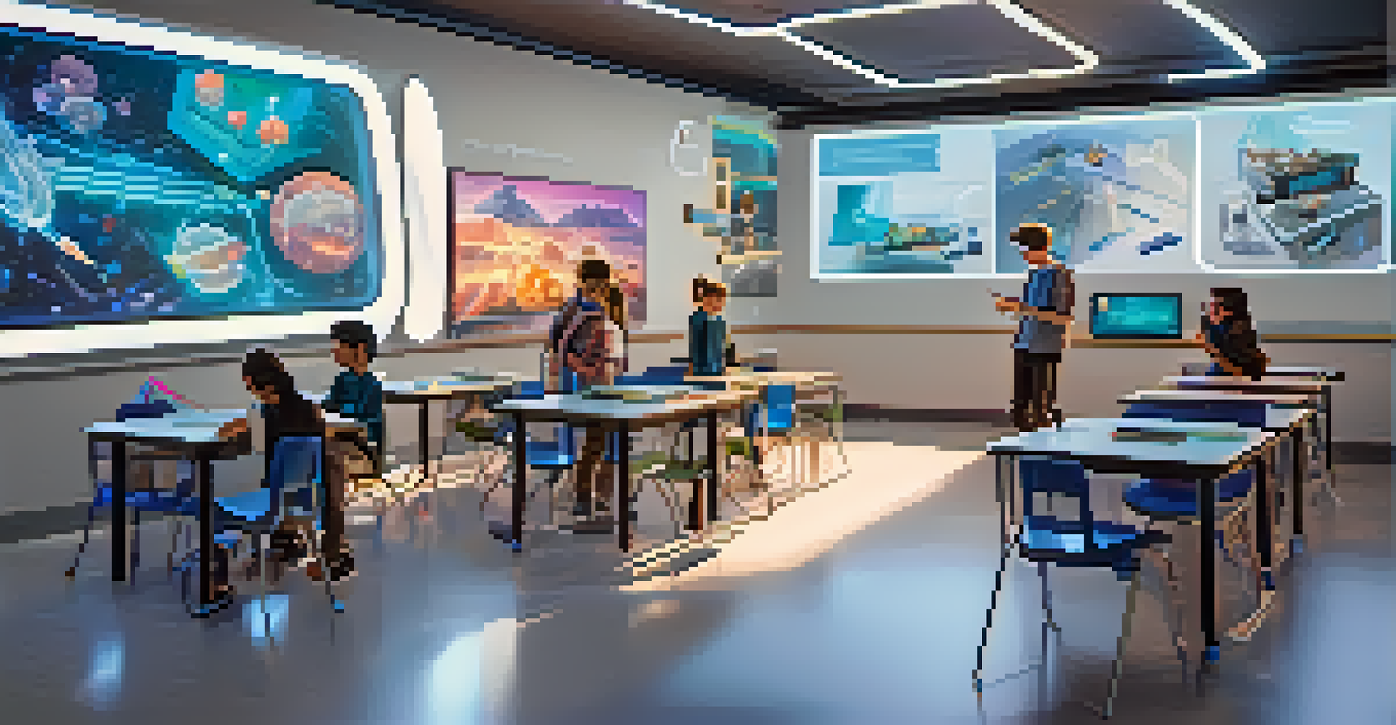 Students using AR glasses in a modern classroom with holographic displays.