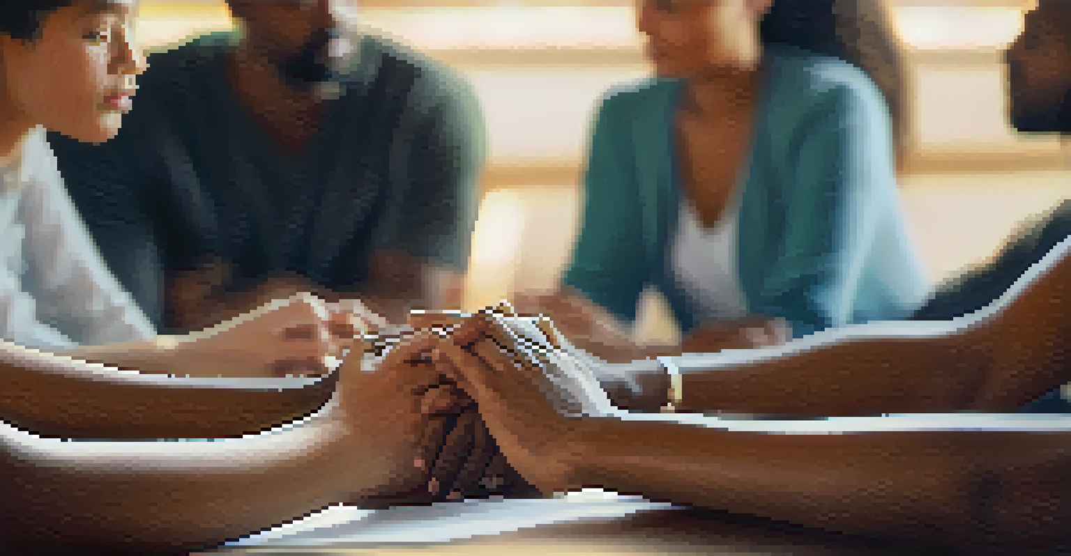 A close-up of diverse hands resting on laps during a mindful discussion, with blurred faces of engaged participants in the background.