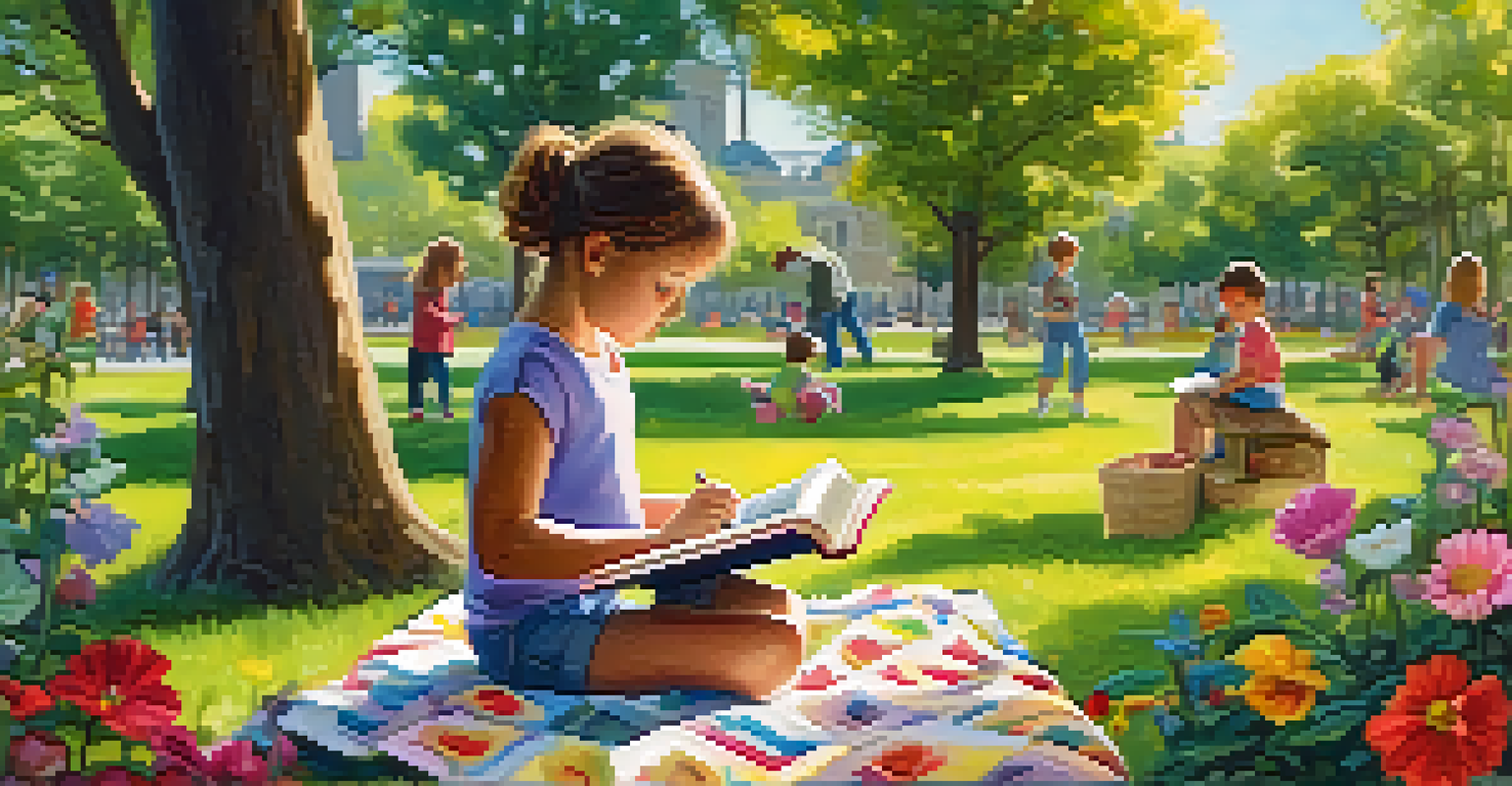 A child examining nature with a magnifying glass in a park while a parent reads nearby on a picnic blanket.