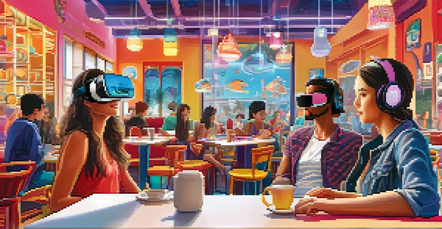 A student in a virtual café practicing language skills with animated avatars, surrounded by colorful café decor and food items.