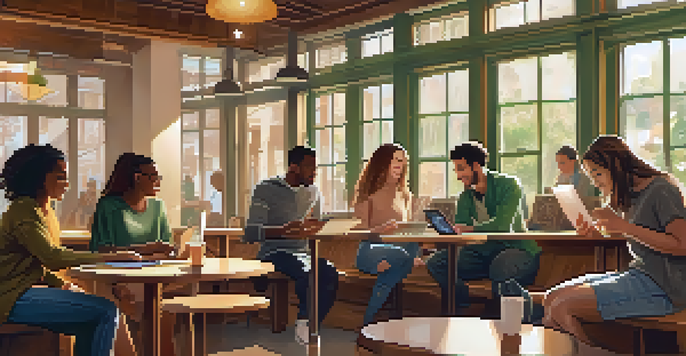 A diverse group of young adults having a discussion in a café, with laptops and digital devices, illuminated by sunlight.