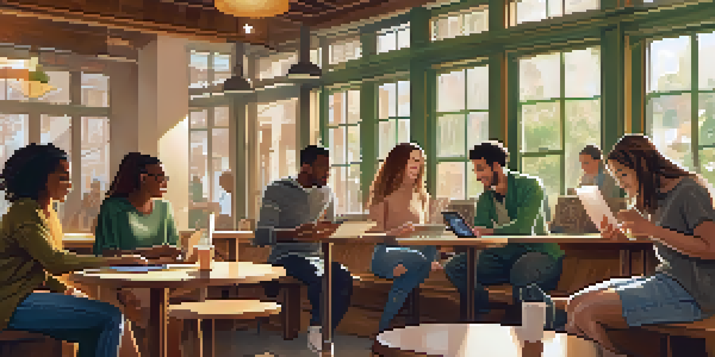 A diverse group of young adults having a discussion in a café, with laptops and digital devices, illuminated by sunlight.