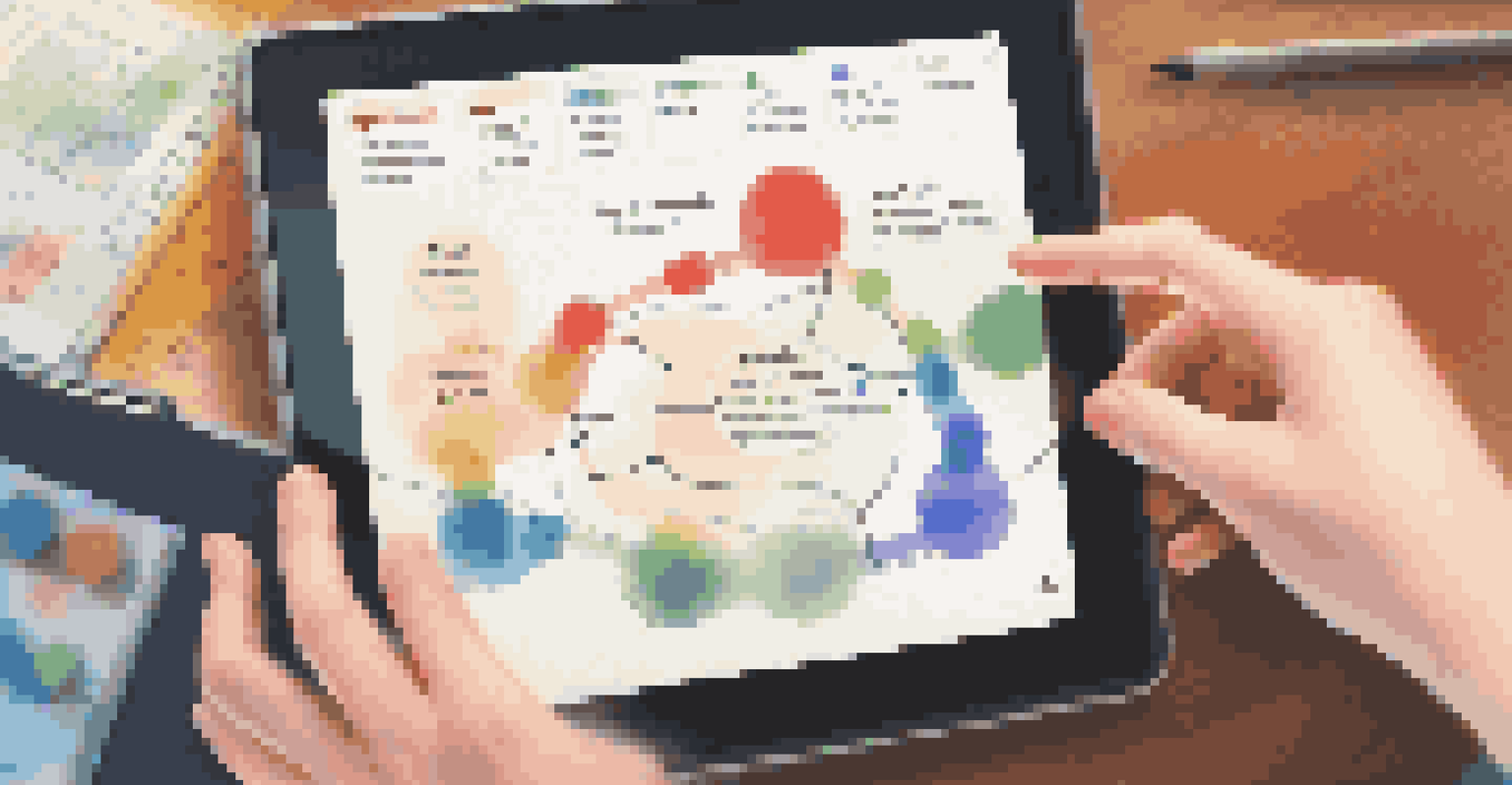 A student's hands holding a tablet displaying a colorful learning pathway diagram, with a blurred study space in the background.