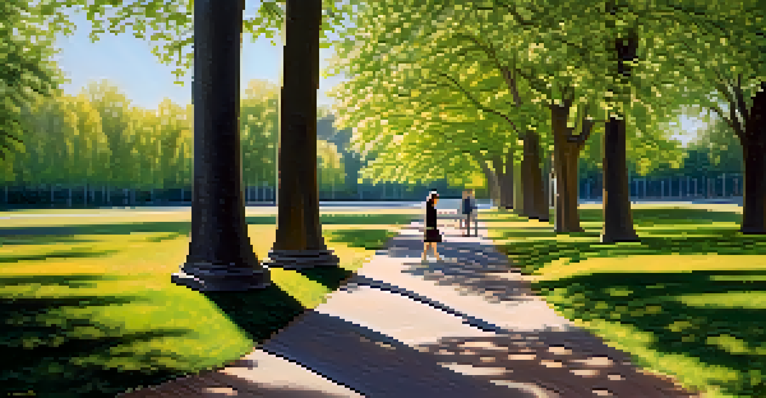 A teacher enjoying a peaceful walk in a park, surrounded by blooming trees and dappled sunlight.