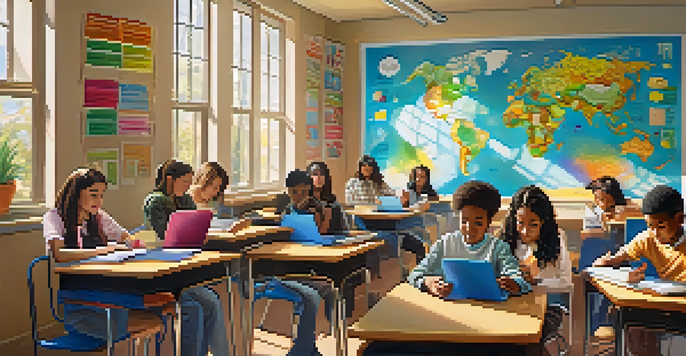 A lively classroom with diverse students working together on tablets and laptops, surrounded by colorful educational materials and sunlight streaming in through large windows.