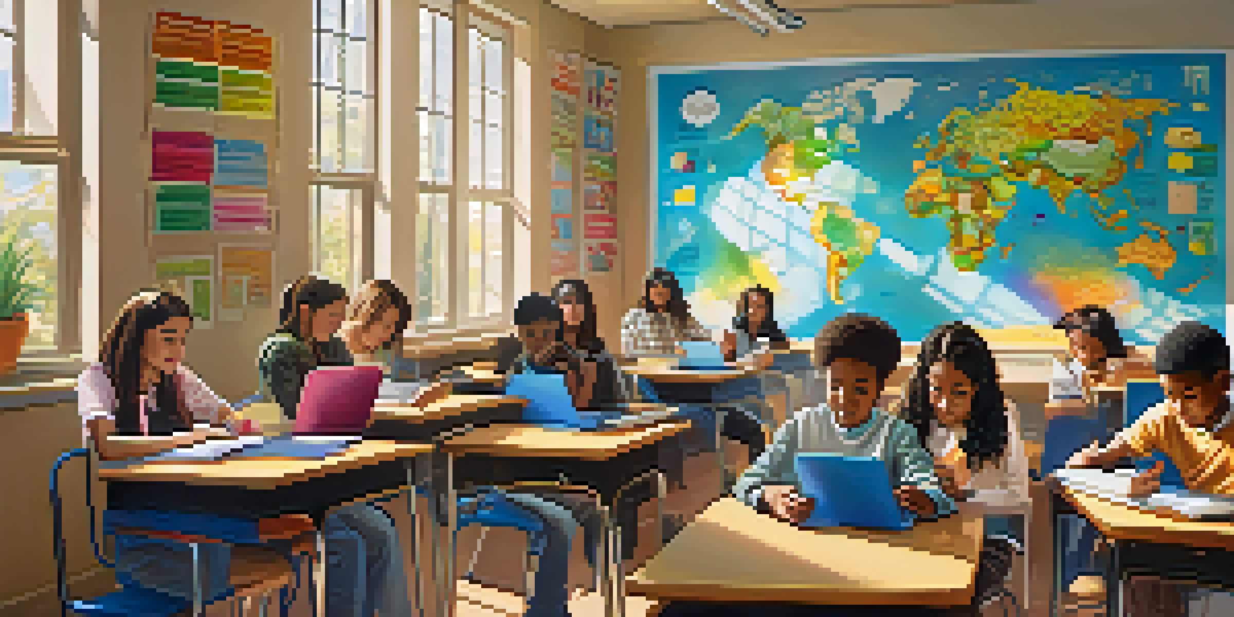 A lively classroom with diverse students working together on tablets and laptops, surrounded by colorful educational materials and sunlight streaming in through large windows.