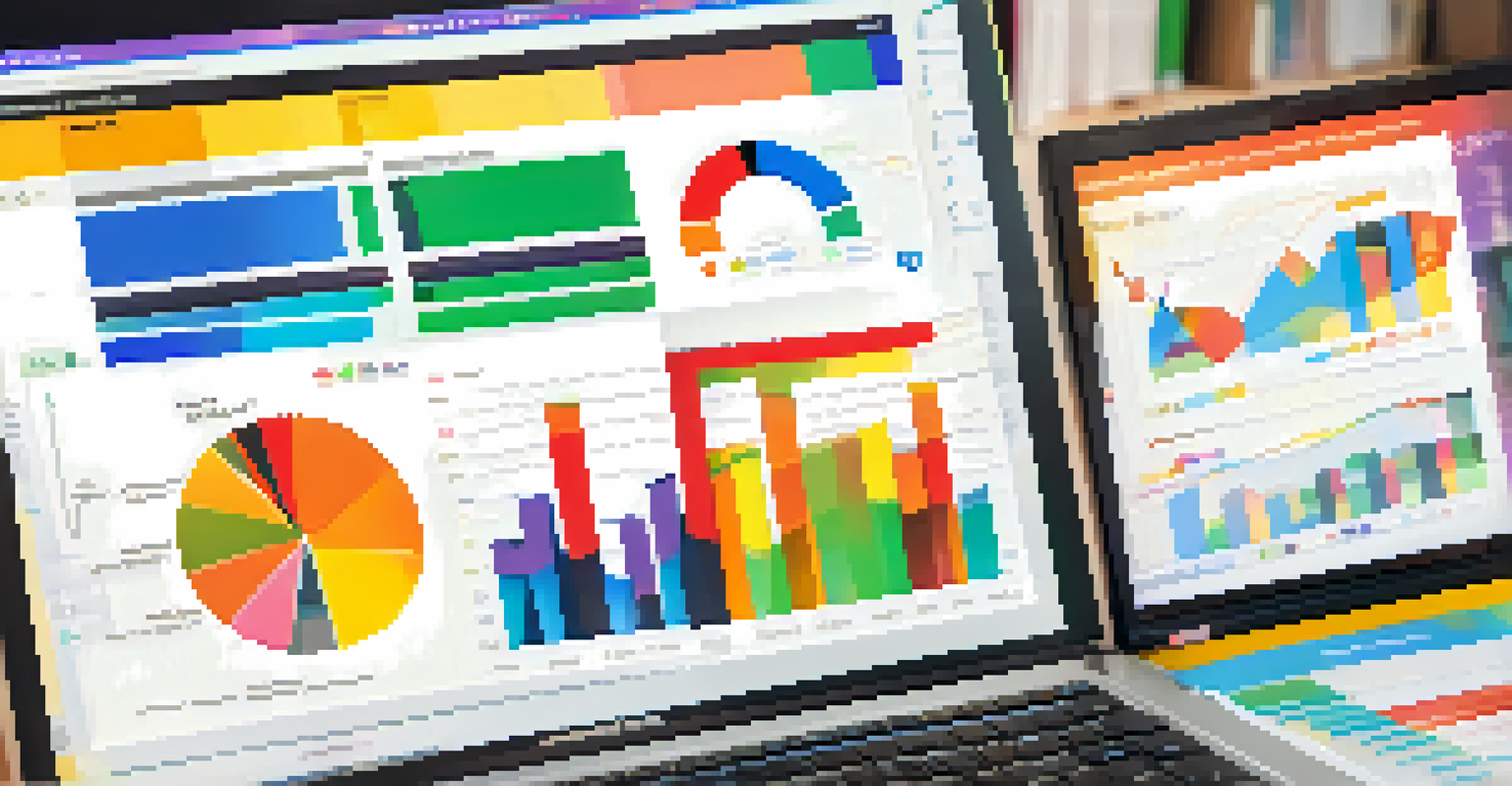 Close-up of a computer screen showing colorful data visualization with graphs and charts, set in a cozy study environment.