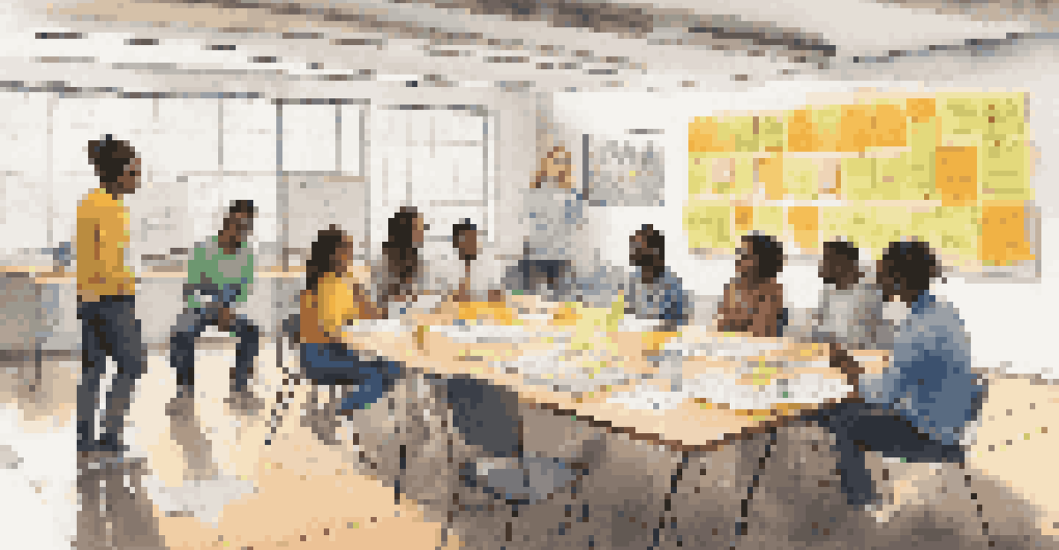 A youth council meeting in a community center, with young people brainstorming ideas on climate change, surrounded by colorful materials.