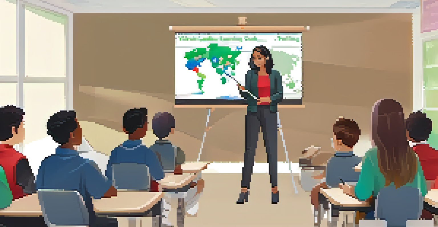An educator leading a blended learning session with students watching a video tutorial on a smart board in a well-decorated classroom.