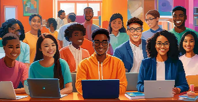 A diverse group of students participating in a virtual class, each in their own unique environment, smiling and interacting through their laptops.
