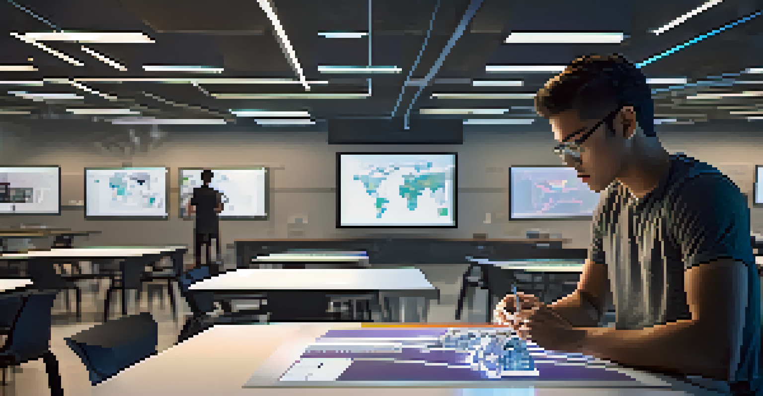 An engineering student in a modern classroom using Virtual Reality to design a prototype in 3D.