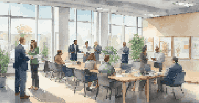 A diverse group of employees in a bright office celebrating a recognition ceremony with smiles and claps.