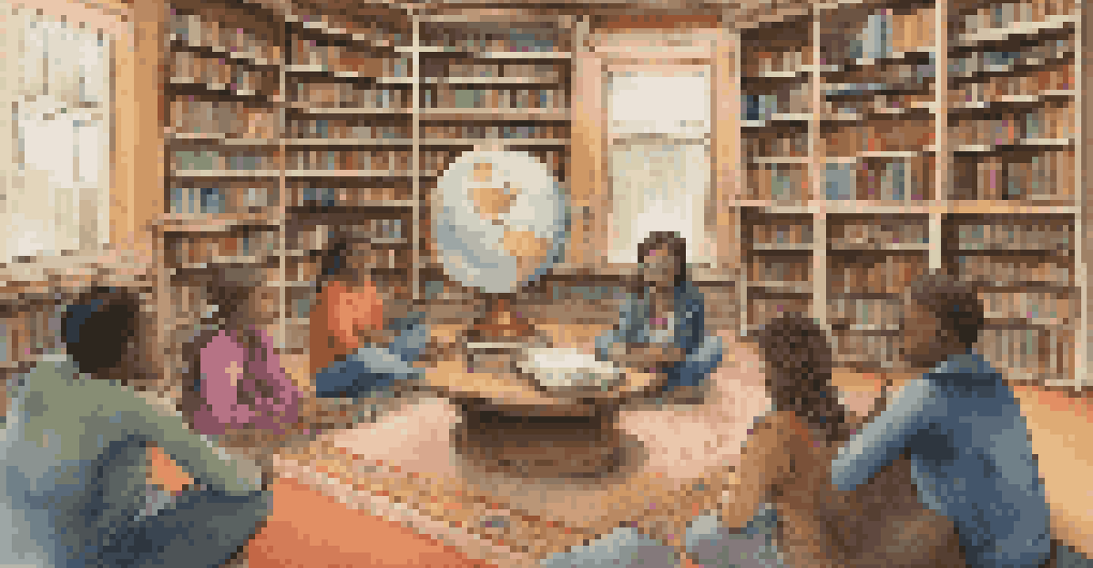 A teacher sharing a refugee's story in a cozy library, with students listening attentively, surrounded by books on global issues.
