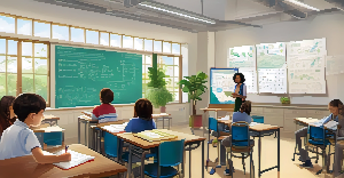 A bright classroom with a teacher explaining a math concept using visuals, while students are actively engaged and discussing.