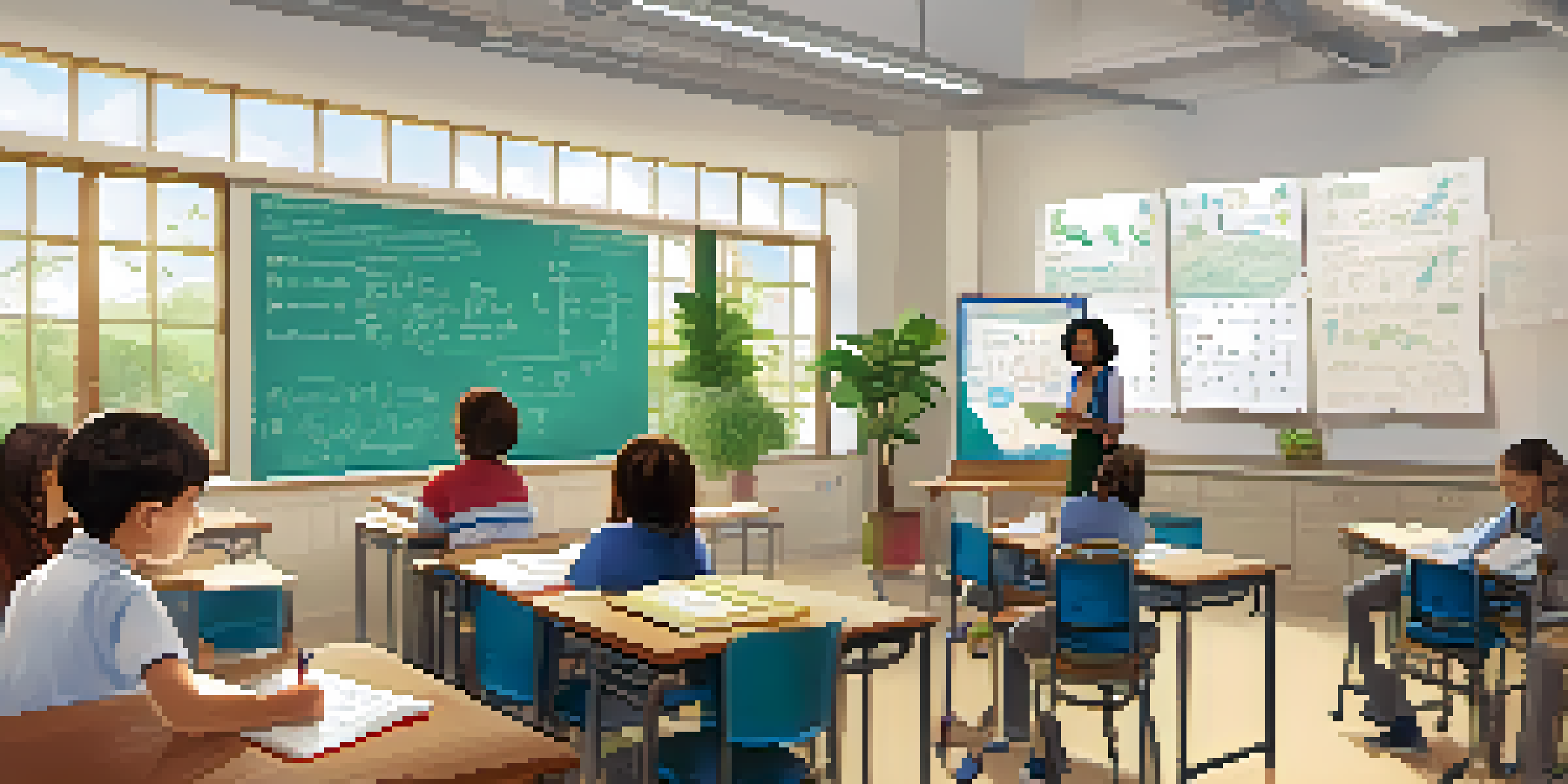 A bright classroom with a teacher explaining a math concept using visuals, while students are actively engaged and discussing.