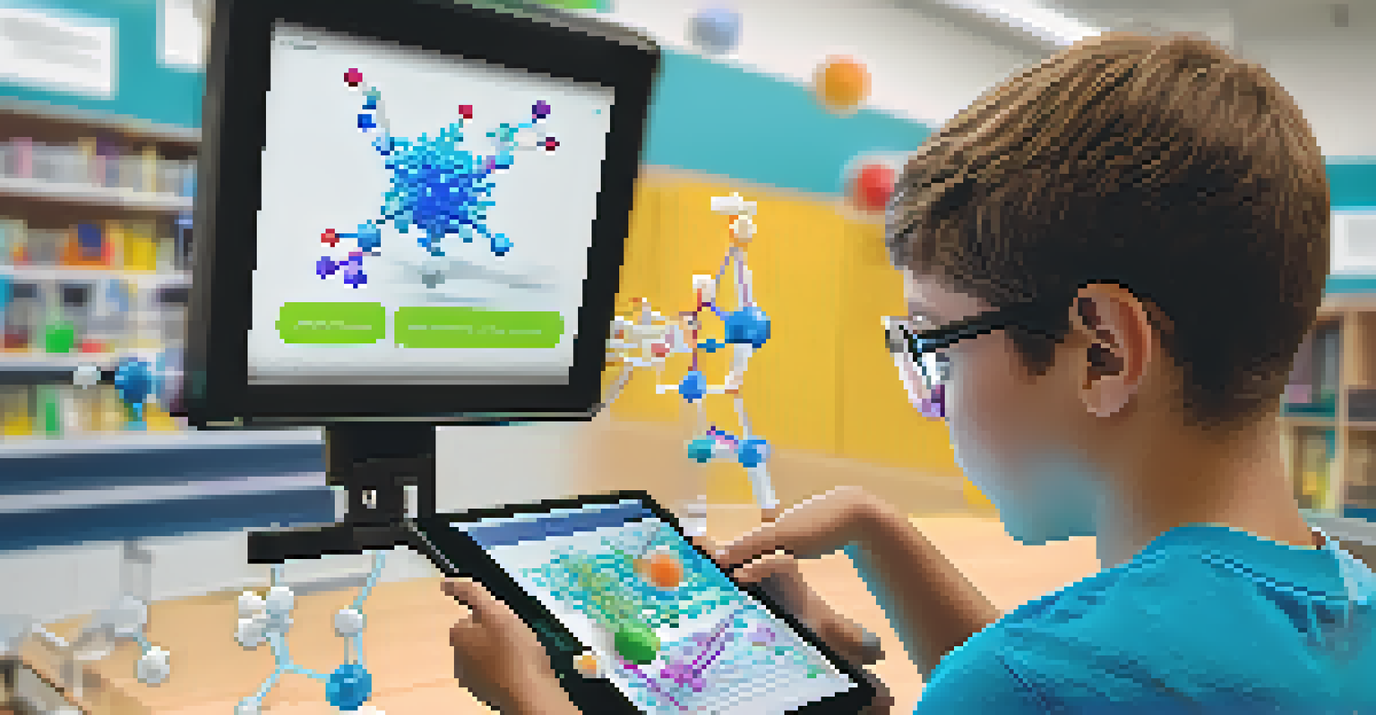 A student using a tablet to interact with 3D molecular structures in a chemistry classroom, showing interest and engagement.