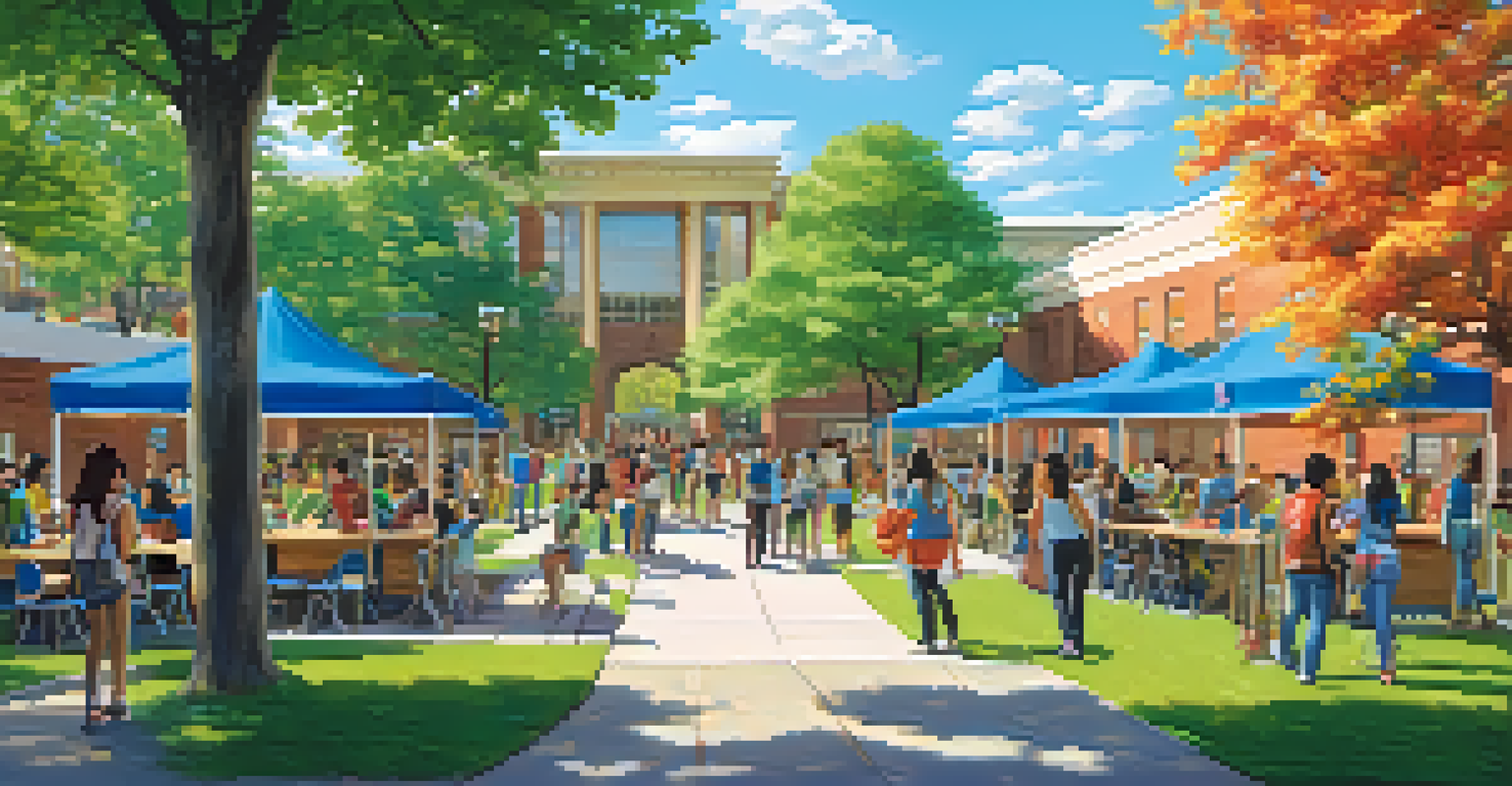 A vibrant campus courtyard welcoming first-generation students, with a colorful banner and students engaging in various activities under a bright blue sky.