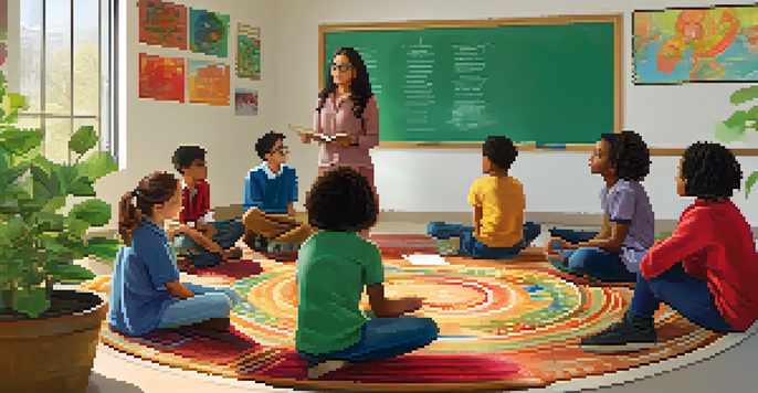 A diverse group of students engaged in a discussion in a bright and welcoming classroom, with a teacher showing empathy.