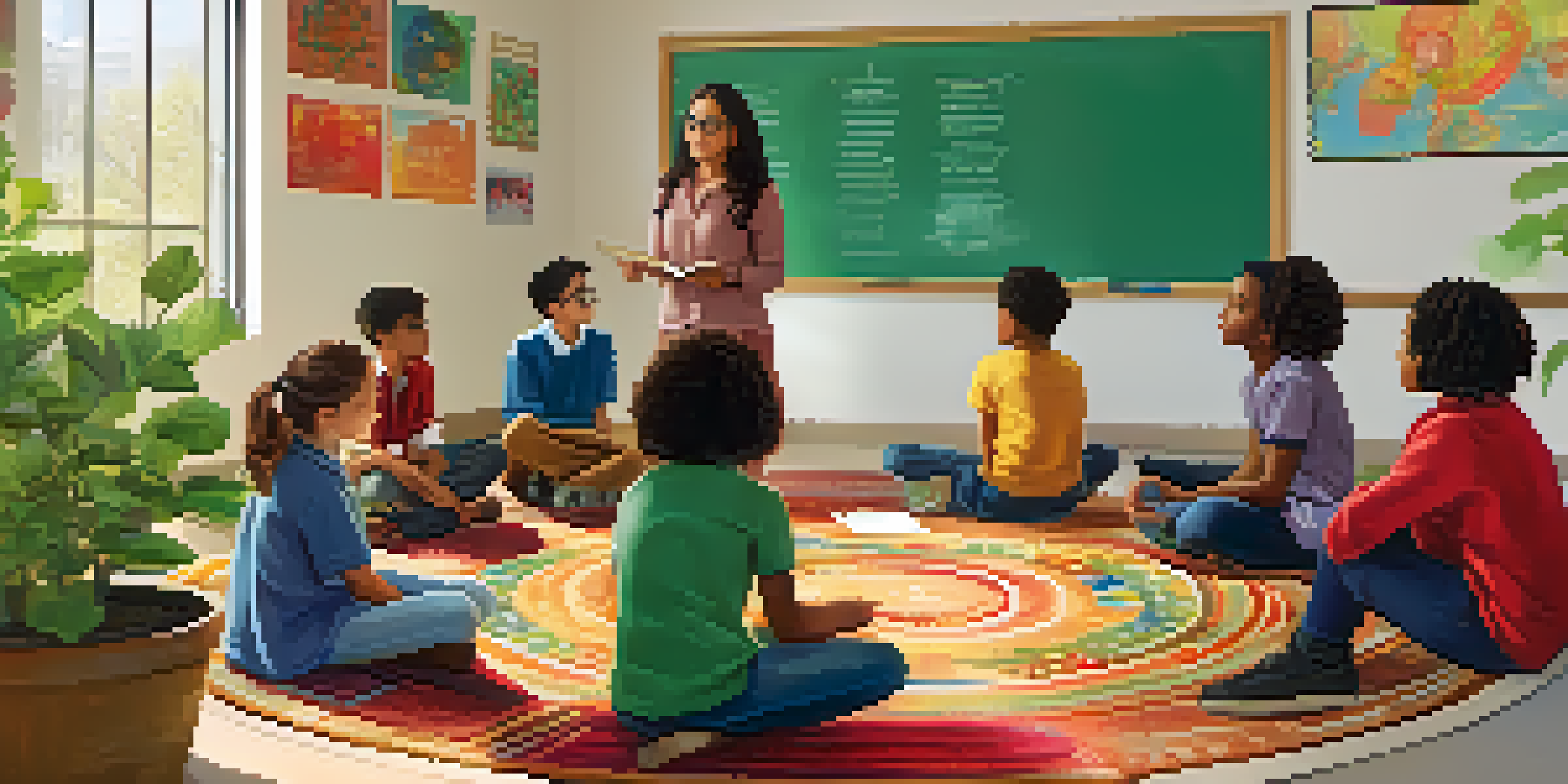 A diverse group of students engaged in a discussion in a bright and welcoming classroom, with a teacher showing empathy.