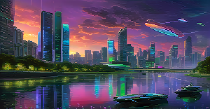 A colorful futuristic city skyline at dusk with neon lights and a river.