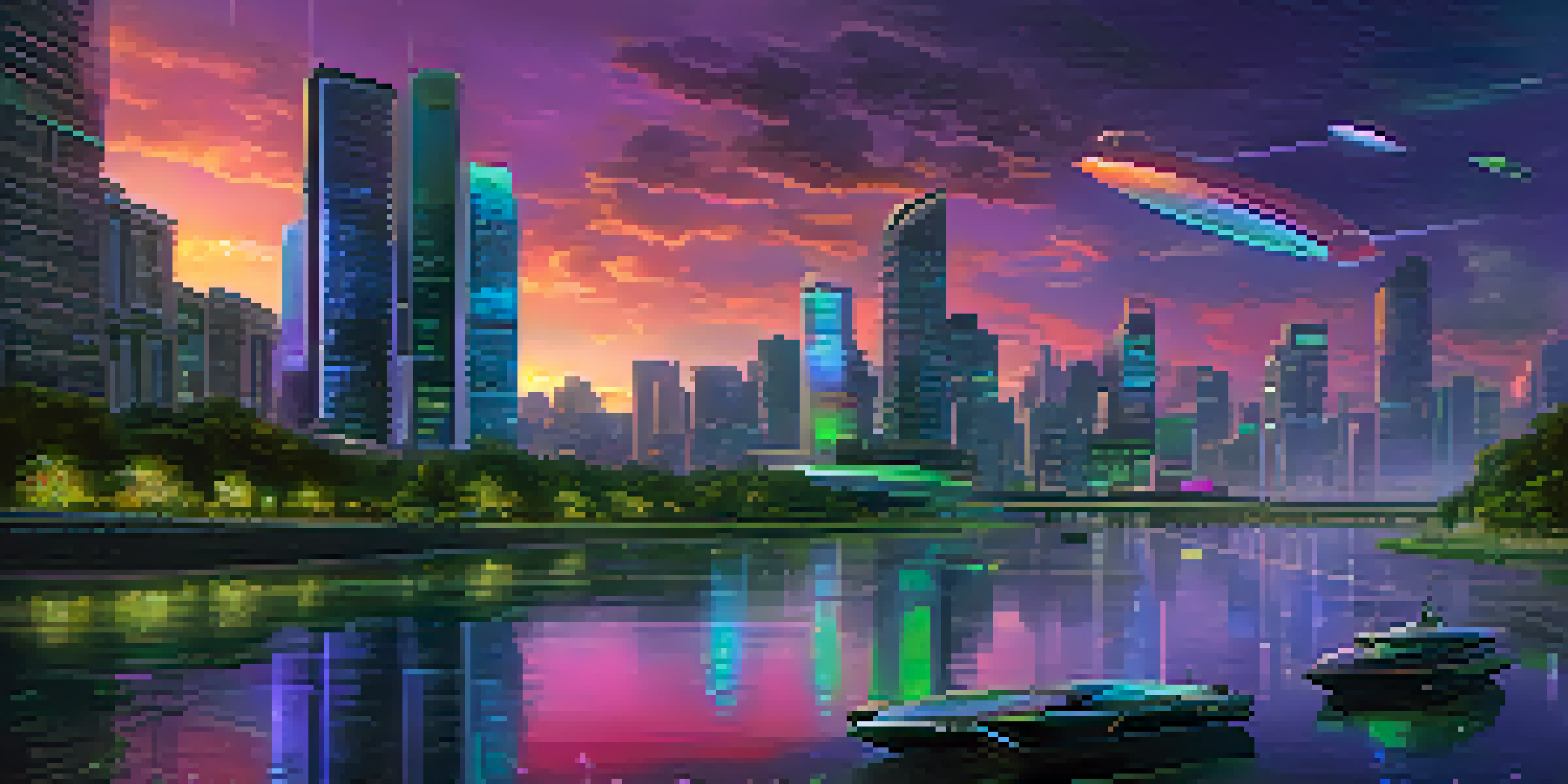 A colorful futuristic city skyline at dusk with neon lights and a river.
