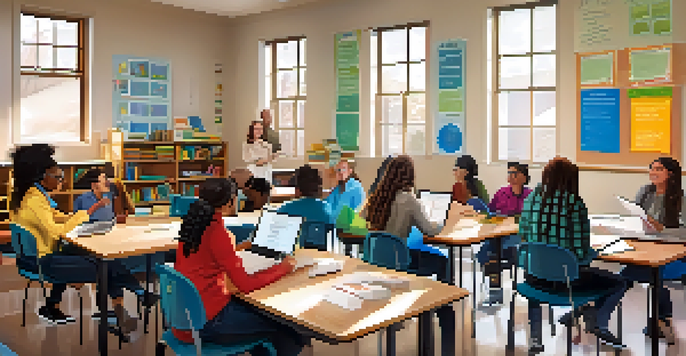 A diverse group of students actively participating in a classroom discussion with books and laptops, bright educational environment.