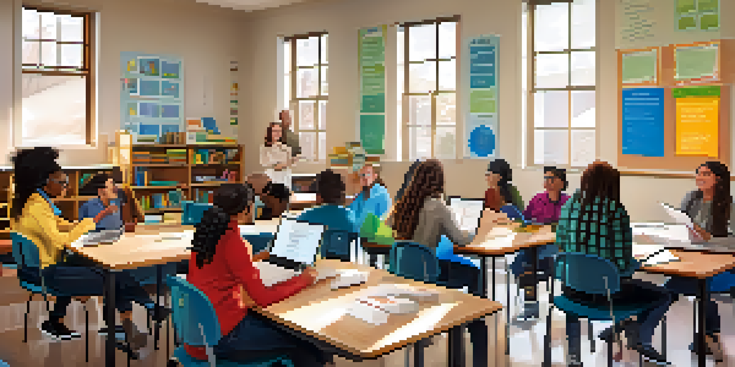A diverse group of students actively participating in a classroom discussion with books and laptops, bright educational environment.
