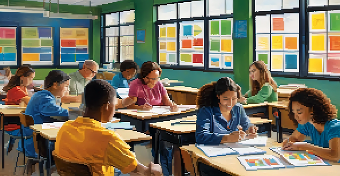 A lively classroom with adult learners engaging in different learning activities, such as studying charts, discussing in groups, and working on hands-on projects.