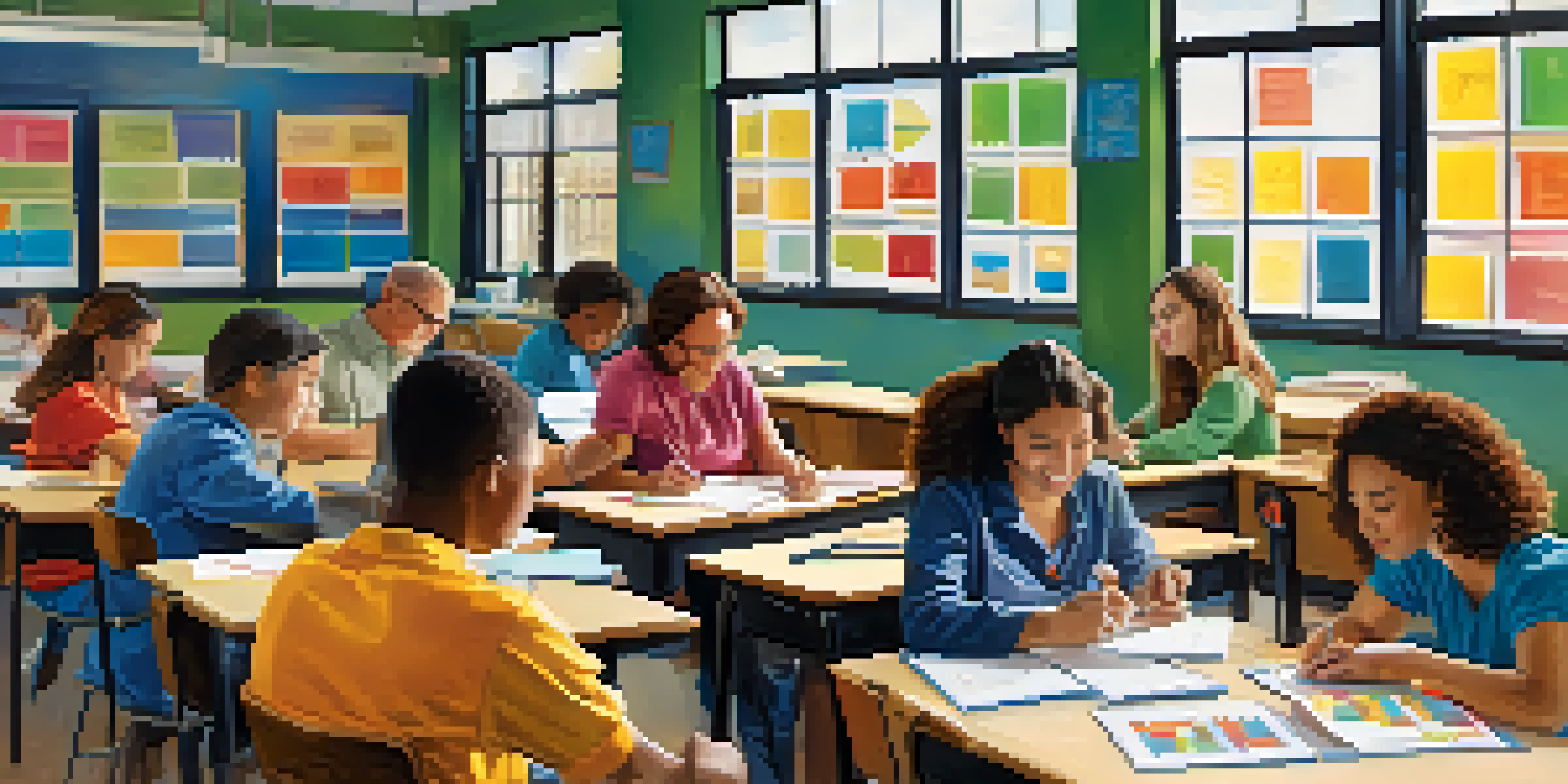 A lively classroom with adult learners engaging in different learning activities, such as studying charts, discussing in groups, and working on hands-on projects.