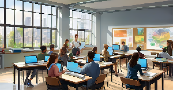 A diverse group of students in a bright classroom using technology for learning, with a teacher facilitating a discussion.