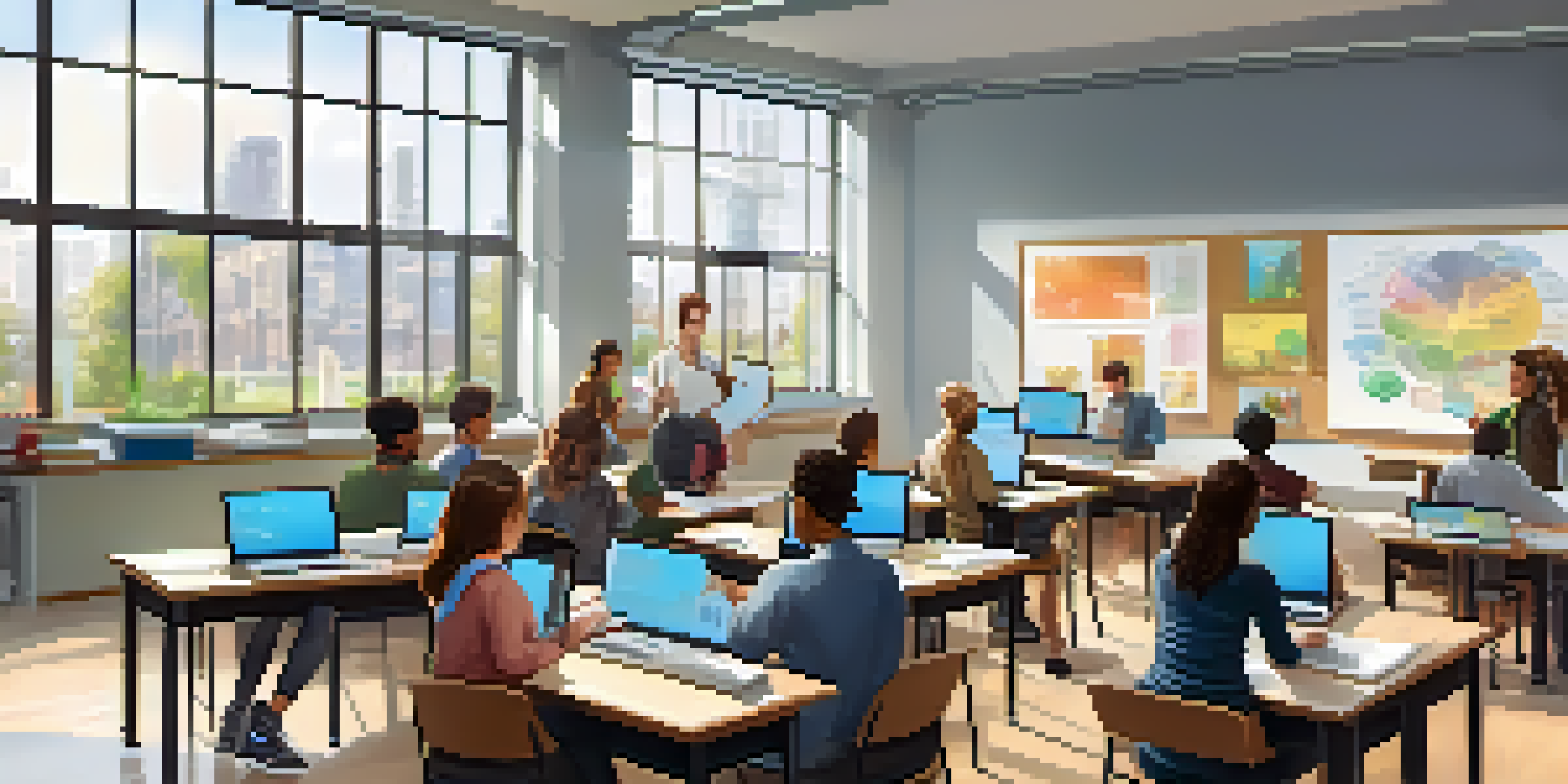 A diverse group of students in a bright classroom using technology for learning, with a teacher facilitating a discussion.