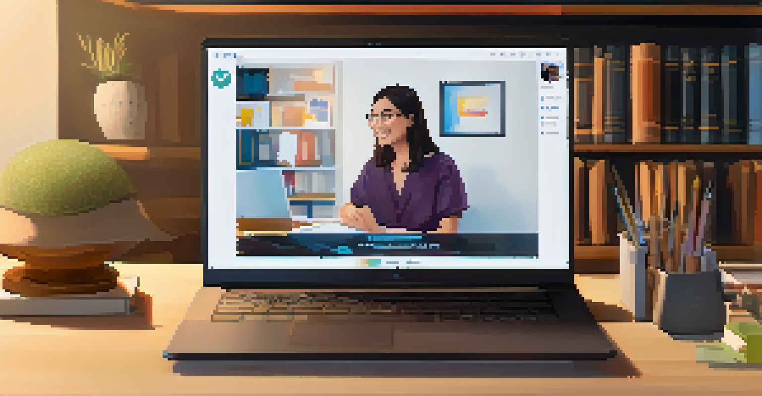 A laptop displaying an AI-driven virtual tutor interface, with a chat conversation showing instant feedback on a student's assignment in a cozy study environment.