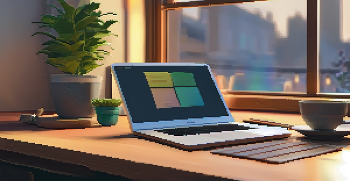 A warm and inviting digital storytelling workspace with a laptop, colorful notebooks, coffee, and a plant.