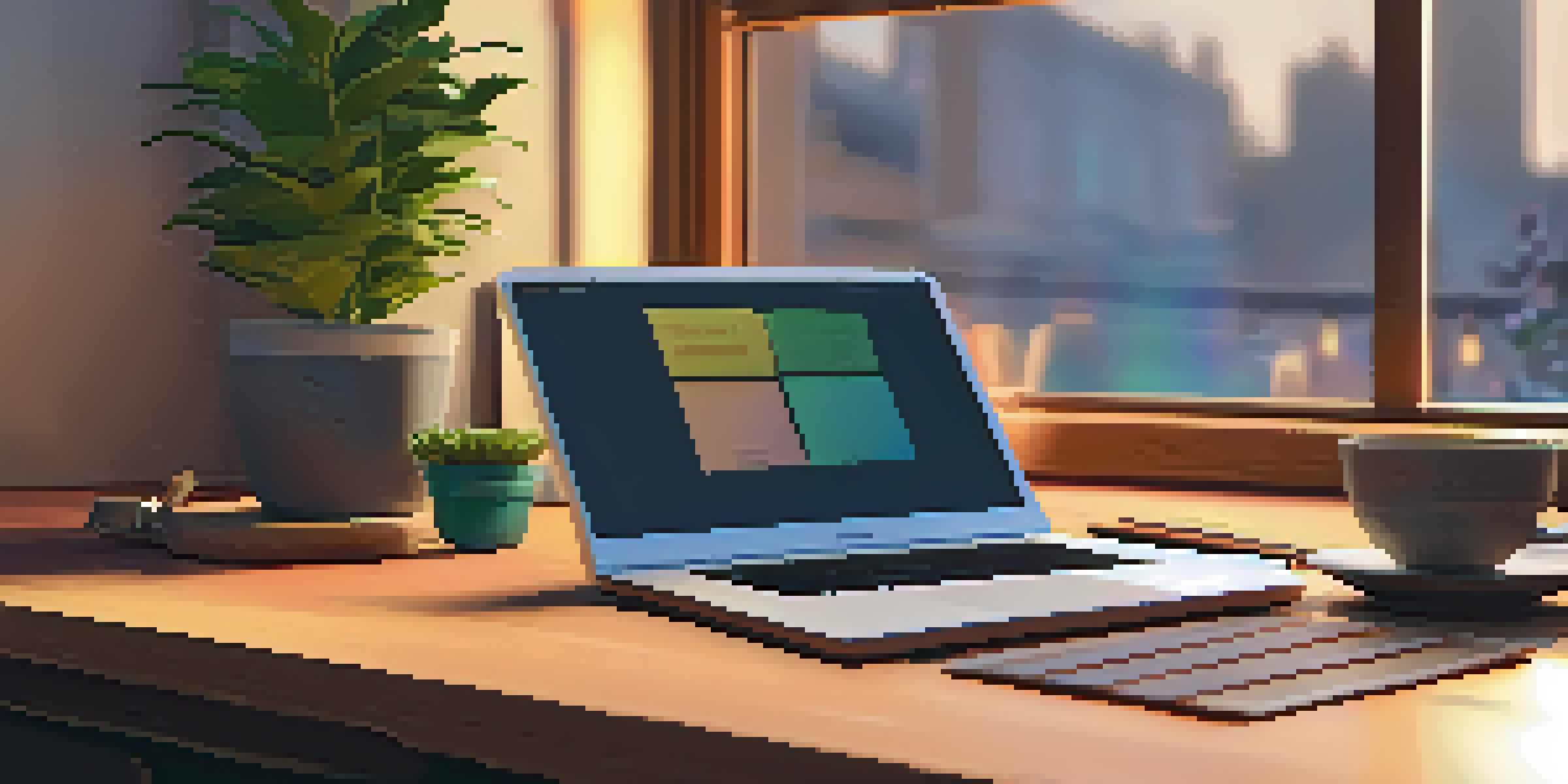 A warm and inviting digital storytelling workspace with a laptop, colorful notebooks, coffee, and a plant.