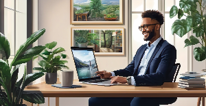 A person in business attire smiling during a video conference in a well-lit home office, conveying professionalism and comfort.