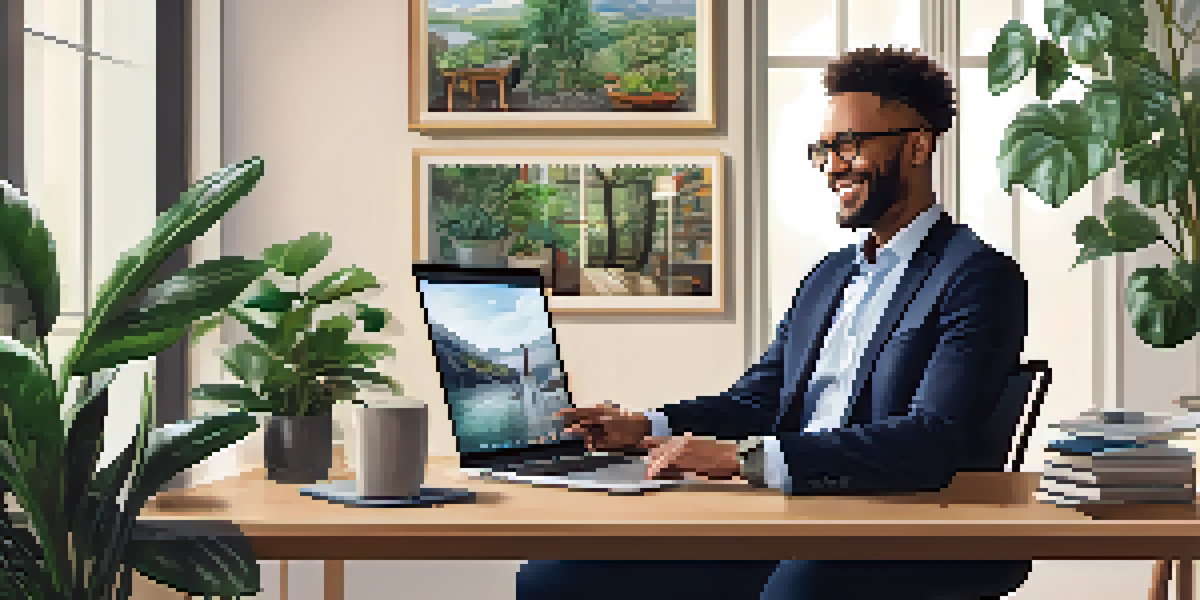 A person in business attire smiling during a video conference in a well-lit home office, conveying professionalism and comfort.