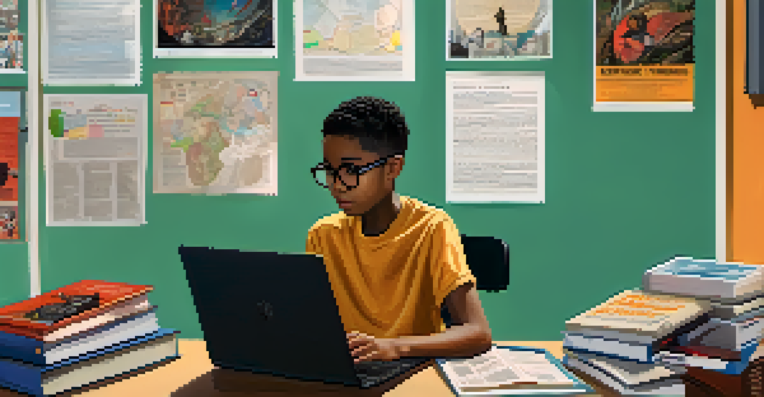A focused student working on a laptop at a desk, surrounded by critical thinking posters and study materials.